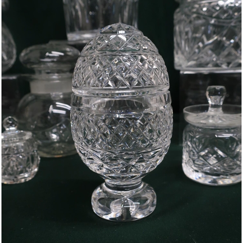 121 - Collection of lead cut glass condiment dishes and storage jars including Waterford and Royal Doulton... 