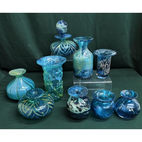 67 - Collection of Mdina turquoise coloured glass vases and a decanter (8)