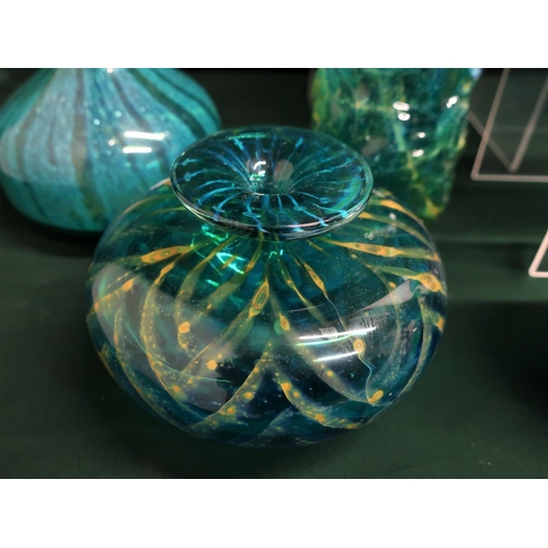 67 - Collection of Mdina turquoise coloured glass vases and a decanter (8)