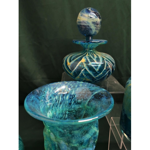 67 - Collection of Mdina turquoise coloured glass vases and a decanter (8)