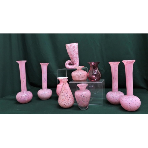 68 - Collection of Wedgwood and Mdina trumpet shape and other pink coloured glass vases, (10)