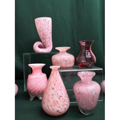 68 - Collection of Wedgwood and Mdina trumpet shape and other pink coloured glass vases, (10)