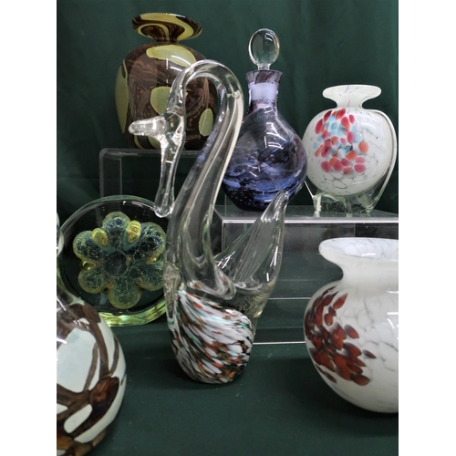 69 - Collection of Mdina and other green, white and brown glassware including vases, swan and small decan... 