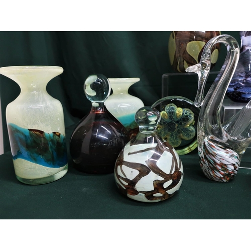 69 - Collection of Mdina and other green, white and brown glassware including vases, swan and small decan... 