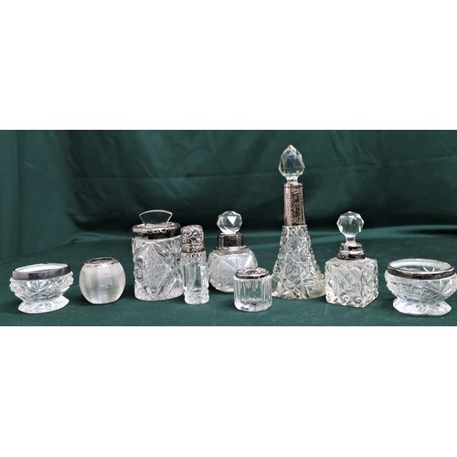 130 - Pair of Edwardian cut glass salts with silver rims Birmingham 1907, late Victorian cut glass scent b... 