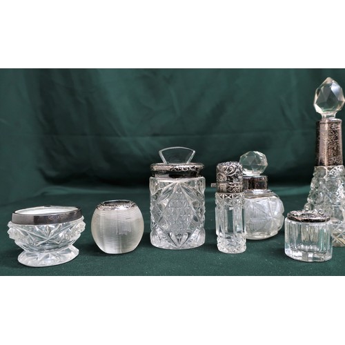 130 - Pair of Edwardian cut glass salts with silver rims Birmingham 1907, late Victorian cut glass scent b... 