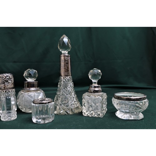 130 - Pair of Edwardian cut glass salts with silver rims Birmingham 1907, late Victorian cut glass scent b... 