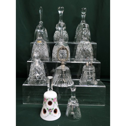 125 - Collection of glass hand bells including Waterford, Stuart, Silver Wedding 25 years and a porcelain ... 