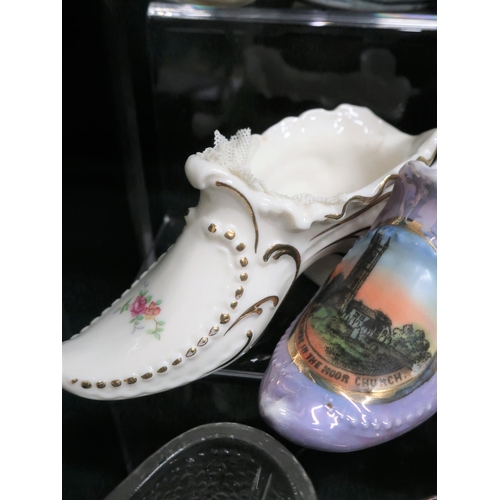 135 - Collection of miniature porcelain shoes, some of modern style and some of earlier fashions (2 boxes)