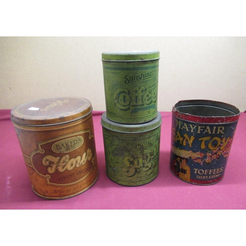 231 - Vintage Bakers Brand Finest Grain Flour tin, vintage Sunshine Coffee tin, and two others (4)