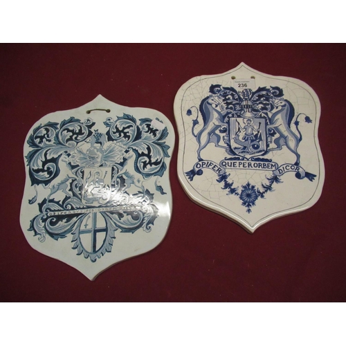 236 - Two Gladstone pottery museum Dutch style wall plaques bearing coats of arms W26cm H31cm (2)