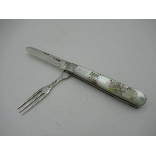 272 - Victorian silver two section fruit knife and fork, with Mother of Pearl handles, J Clarkson's patent... 