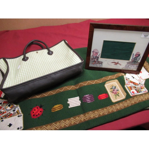 107 - Bryn Parry Studios photograph frame with cartoon, a needle point bridge table cloth, a Jane Churchil... 