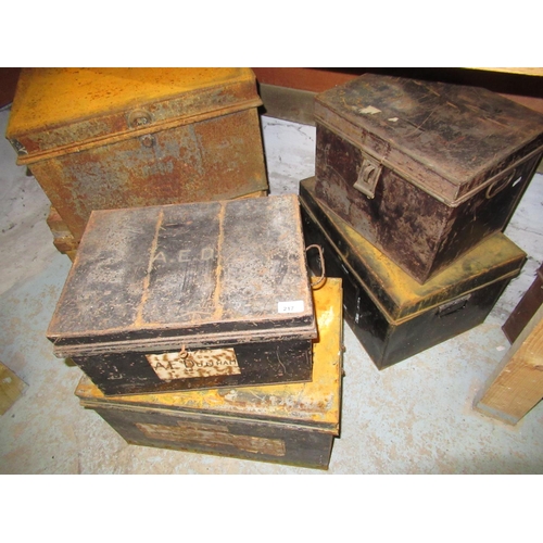 217 - Horncastle Marmion Oddfellows club painted tin trunk, and five japanned metal deed and other boxes (... 