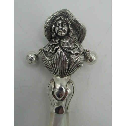 405 - Silver babies rattle with Mother of Pearl handle, stamped sterling, H8cm