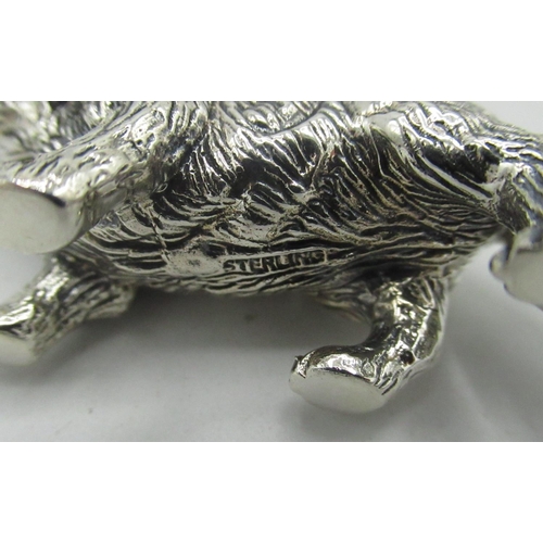 85 - Silver fox pin cushion with ruby eyes stamped sterling, L.6cm