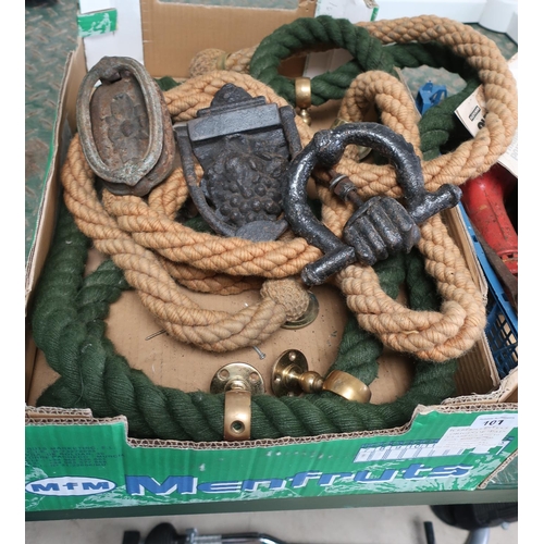 101 - Box containing two bannister ropes with brass fittings and three quality cast iron door knockers