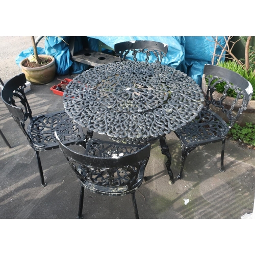 2 - Ornate set of table and four chairs in painted black alloy