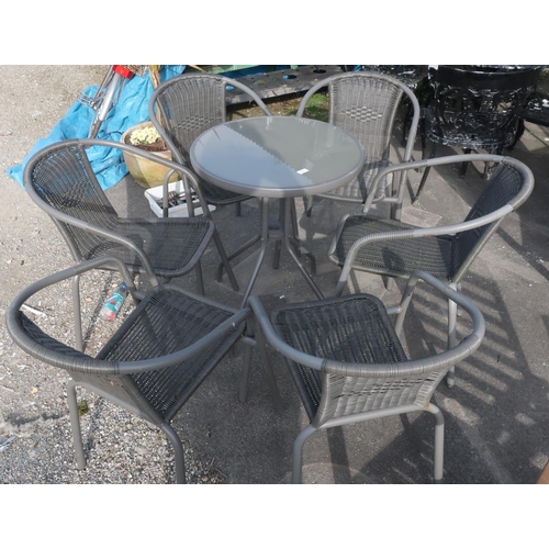 3 - Set of modern garden furniture including a small round table with glass top and six chairs