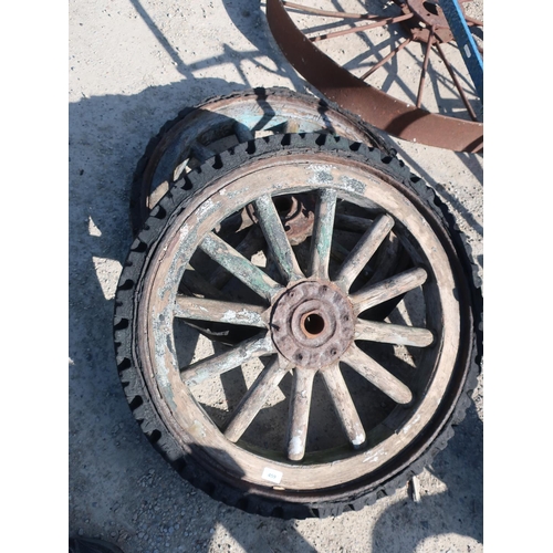 459 - Set of railway wheels with wooden spokes and solid rubber tyres