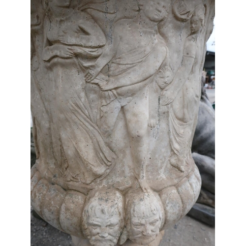 494 - Extremely large stone urn with dancing figures and masks