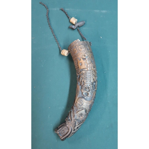 25 - 18th/19th C Tibetan powder horn carved in the shape of a mythical creature with other decorations in... 
