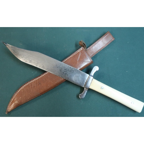 40 - Antique Bowie knife ivorine handle 17 cm (6 ¾ ”) steel blade 28cm (11”) overall. In brown hide leath... 