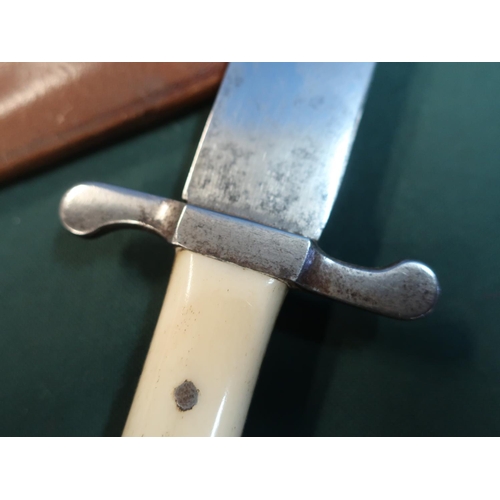 40 - Antique Bowie knife ivorine handle 17 cm (6 ¾ ”) steel blade 28cm (11”) overall. In brown hide leath... 