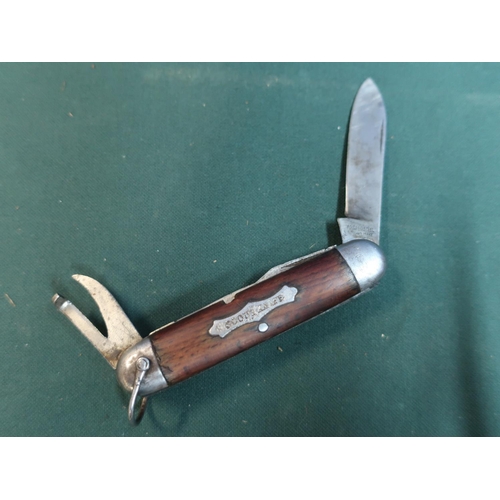 59 - 1930’s Scout Knife with 4 folding blades/tools  Wooden scales inset with “SCOUT KNIFE” 9cm (3 ½”) cl... 