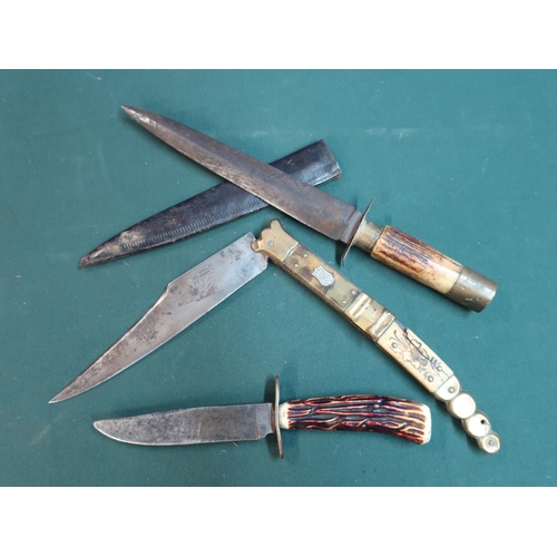 60 - 3 part lot comprising:
1.	Antique Spanish Navaja folding knife. The 15cm (6”) steel blade stamped BE... 