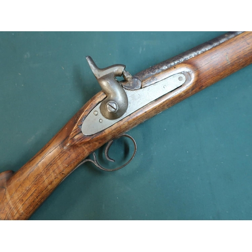 113 - Percussion cap gun with 33 1/2 inch barrel with later added brass banding, lacking ramrod, with butt... 