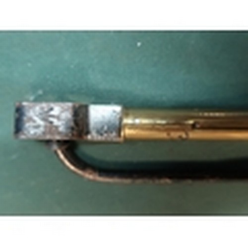 130 - Unusual copper horn with single key stamped 52, and a brass bodied military scales stamped Esilien H... 