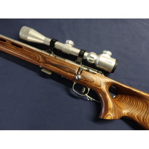 406 - Savage left handed bolt action .22 rifle with custom well figured stock, screw cut barrel for sound ... 