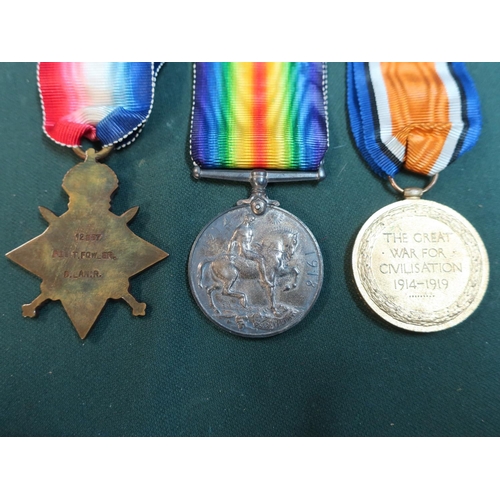 200 - WWI 1914-1915 Star trio complete with War & Victory Medal, awarded to 12857 PTE.T.Fowler S.LAN.R (re... 