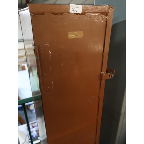 338 - Steel single door storage cabinet (H144cm x W26cm)