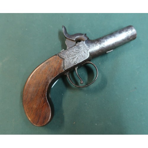 86 - Percussion cap pocket pistol, with 2 inch turn off barrel, proof marks to the base, engraved detail ... 