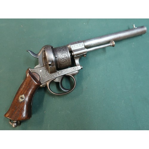 87 - Six shot pinfire revolver c. 1860. Continental, possibly German.  15cm (6”) round barrel.  Foliate d... 