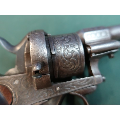 87 - Six shot pinfire revolver c. 1860. Continental, possibly German.  15cm (6”) round barrel.  Foliate d... 