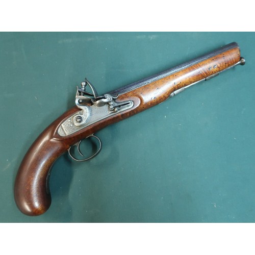 88 - George III officer’s flintlock pistol circa 1800.  Full smooth walnut stock with 22cm (8 ¾ “) round ... 