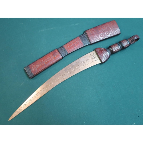 71 - North African style decorative dagger 13.5inch blade and stained leather bound grip and sheath