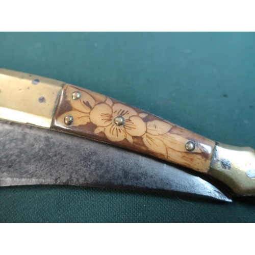 73 - 19th C Spanish Navaja folding 5 1/2inch steel blade slightly curved. 7inch bone handle brown with cr... 