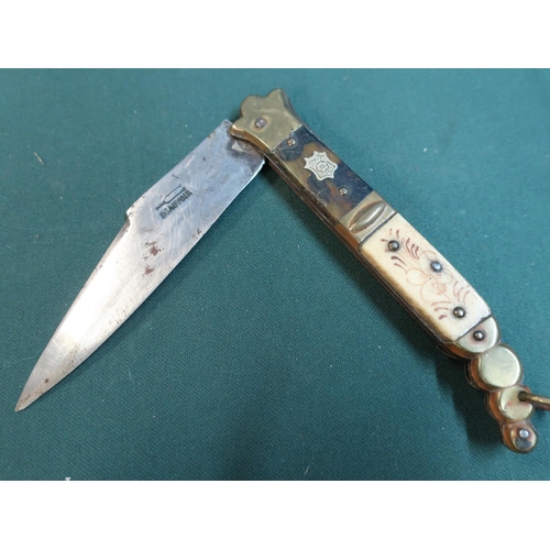 74 - 19th C small Spanish Navaja folding knife 4inch steel blade stamped with Beauvoir with trademark 5in... 