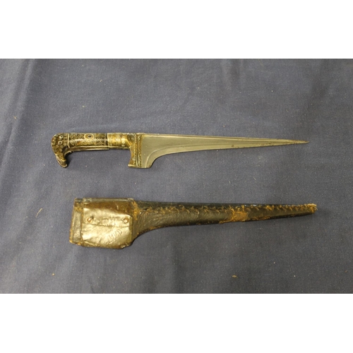 36 - A mid to late 19th C indo Persian dagger with 9inch tapering blade with broad back strap with engrav... 