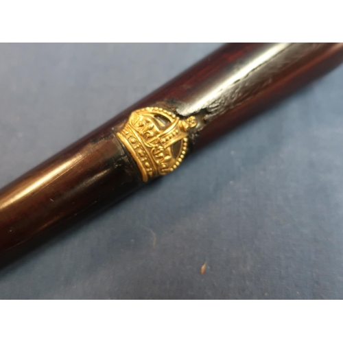 81 - Antique heavy hardwood truncheon with turned ribbed handle applied brass military kings crown, simil... 