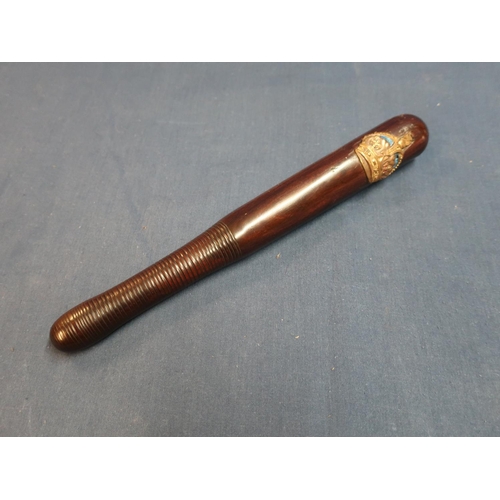 82 - Antique heavy hardwood truncheon with turned ribbed handle large applied brass and enamelled kings c... 