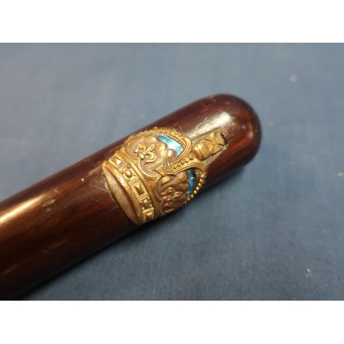 82 - Antique heavy hardwood truncheon with turned ribbed handle large applied brass and enamelled kings c... 