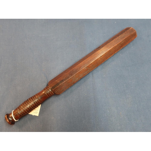 83 - Unusual 19th C mahogany hexagonal truncheon with turned handle and marked 1855 L44cm (17 1/4inch)