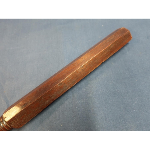 83 - Unusual 19th C mahogany hexagonal truncheon with turned handle and marked 1855 L44cm (17 1/4inch)