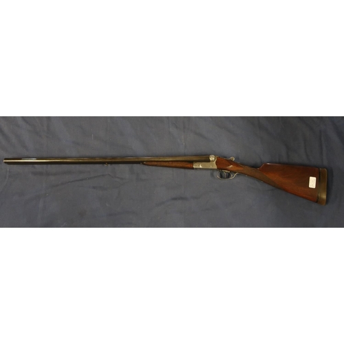 447 - Belgium 12B bar in action side by side shotgun, with 30 inch barrels with gilt scroll inlaid detail,... 