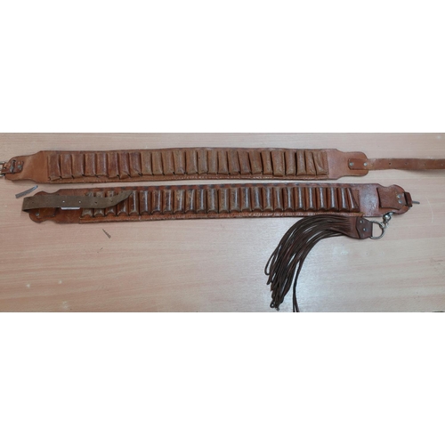 468 - Pair of 25 loop shotgun cartridge belts and a leather game carrier